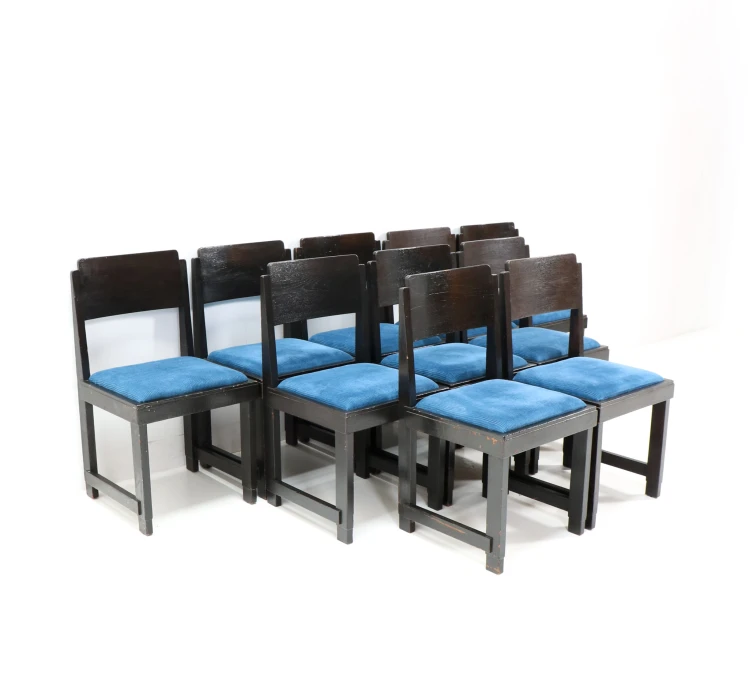 Set of 10 Art Deco Dining Chairs, Black Lacquered Oak, 1920s